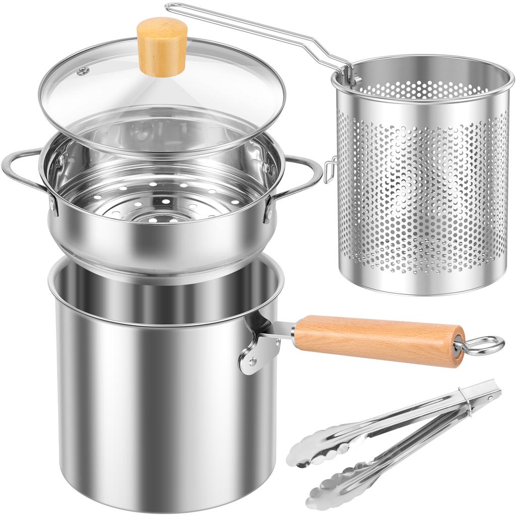 Stainless Steel Fryer Multi-functional Steamer Pot with Handle Steamer and Frying Basket Deep Fryer Pots for Kitchen Accessories