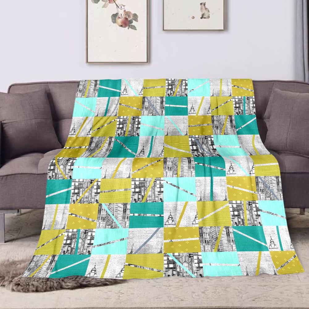 "Geometric Patchwork with Urban Motifs" Patterned flannel blanket perfect for the bedroom living room, sofa, or a little nap