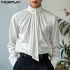 Men High Neck Tie Up Ruffled Solid Shirts Casual Long Sleeve Tops