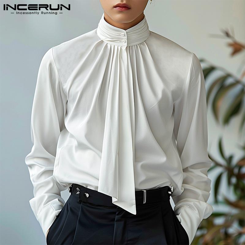 INCERUN Men High Neck Tie Up Ruffled Solid Shirts Casual Long Sleeve Tops