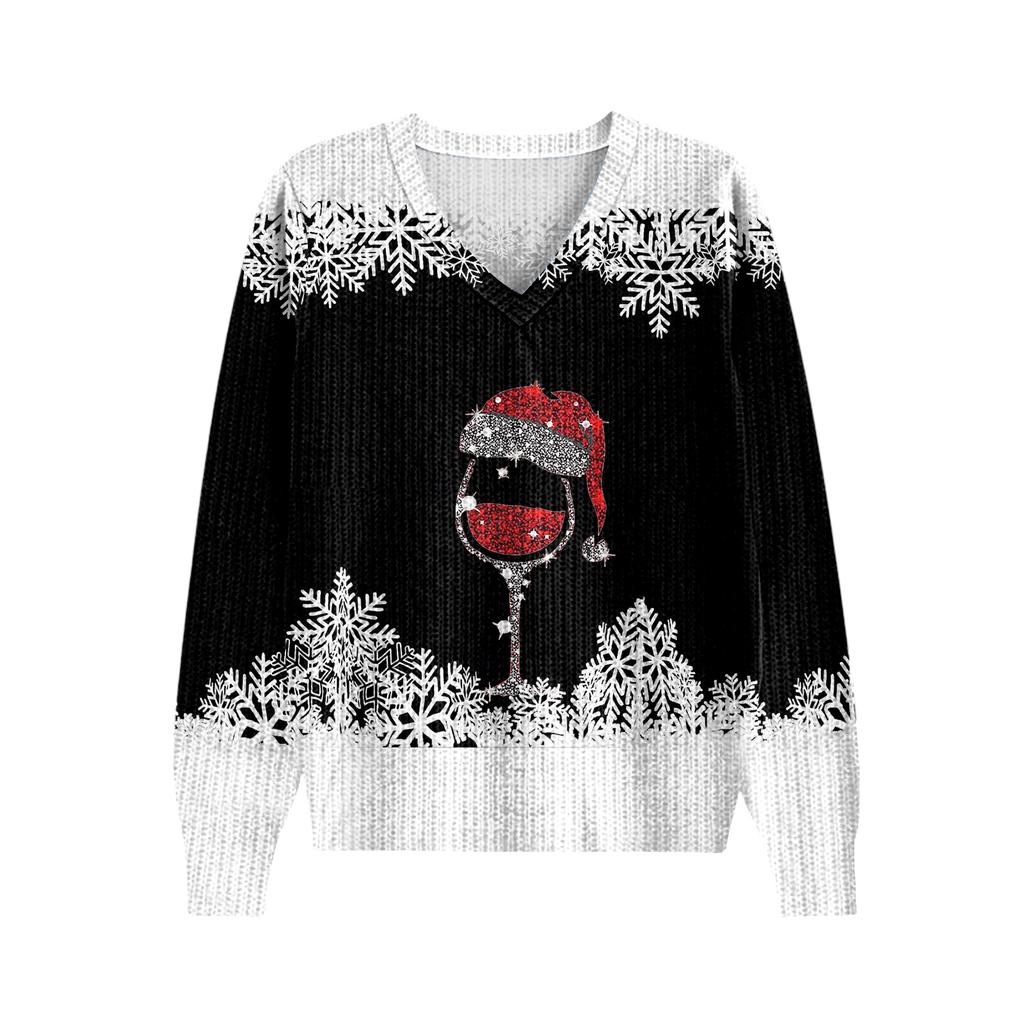 Women's Cute Sweatshirt Knitted Fashion Casual V-neck Long-sleeved Cozy Print Top