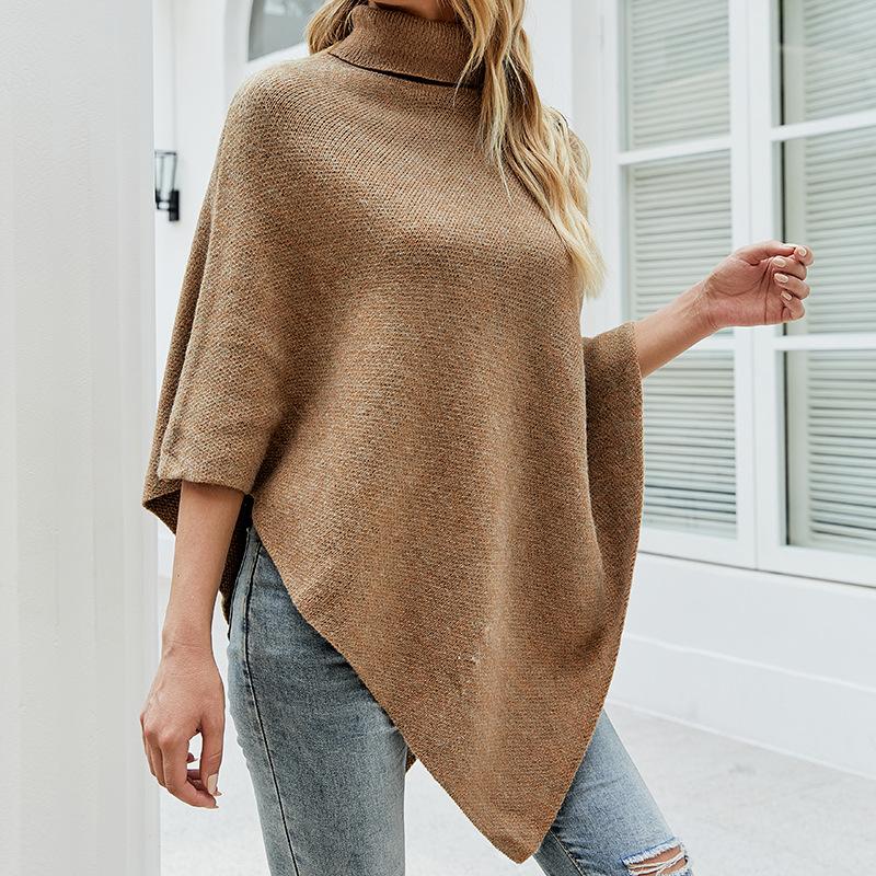 Fashion Warm Autumn Winter All-match Loose Shawl Cape Sweater Women Solid Color High-neck Cross-border Knitted Sweater Coat