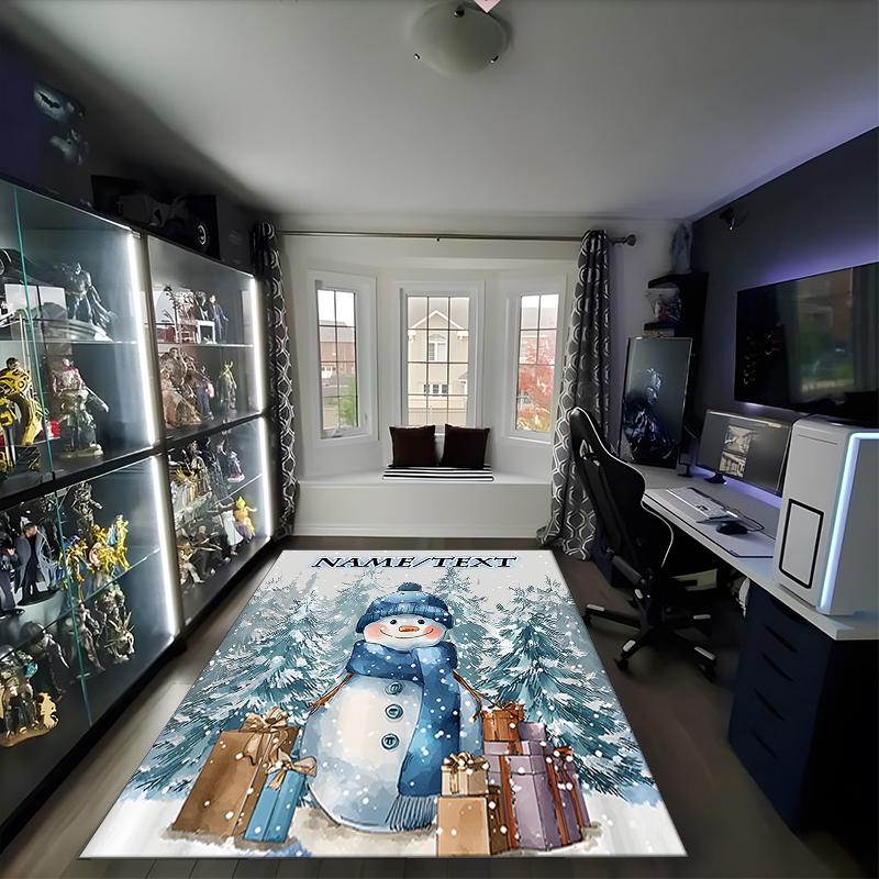 1PC Custom Name Snowman Presents Winter Scene Theme Floor Mat Ideal for Living Room, Game Rooms, Office, Bedroom,Floor Mat Playful Design