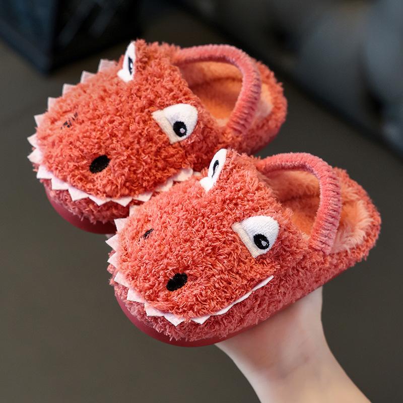 Детская теплая хлопковая обувь, осенне-зимние нескользящие удобные плюшевые тапочки с мультяшной подошвой для мальчиков и девочек