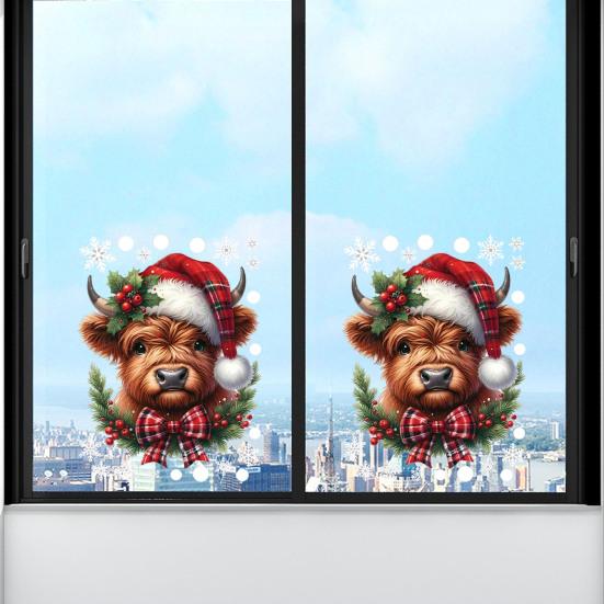 Self Adhesive Kitchen Wall Art Christmas Window Clings, Cute Highland Cow Sticker with Santa Hat, Winter Moisture Proof Decor for Double-Side
