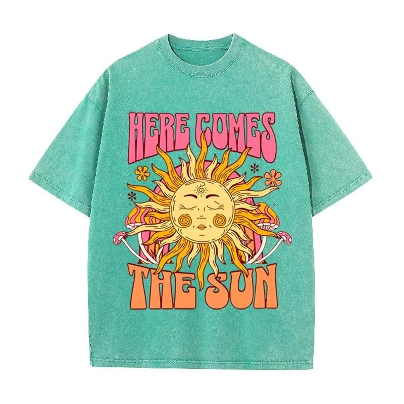 Винтажная черная футболка "Here Comes The Sun" Ретро Психоделическое Солнце Кислотная стирка