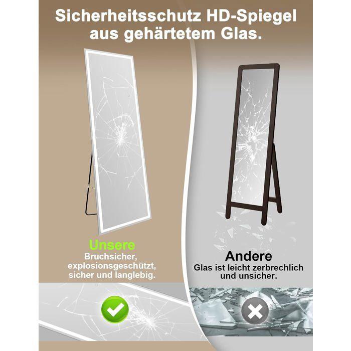 NETTLIFE Miroir pleine longueur avec éclairage intégré 160 cm sur pied/fixation murale verre transparent capteur tactile sensible