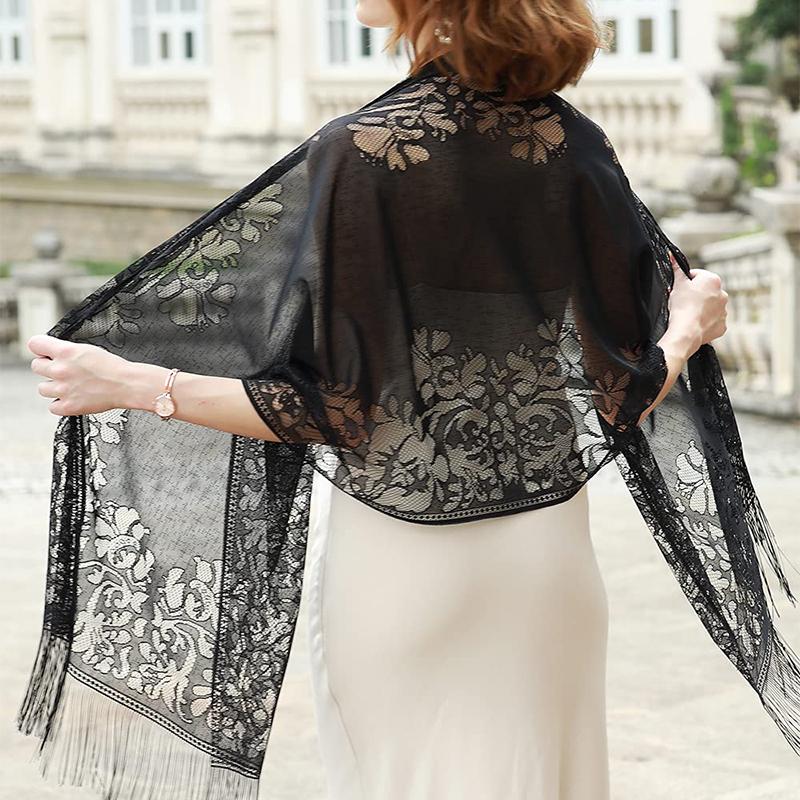 Elegant Lace Scarf for Women Tassel Trimmed Summer Sunscreen Shawl Lightweight Party Wedding Poncho Boho Chic Beach Cover Up