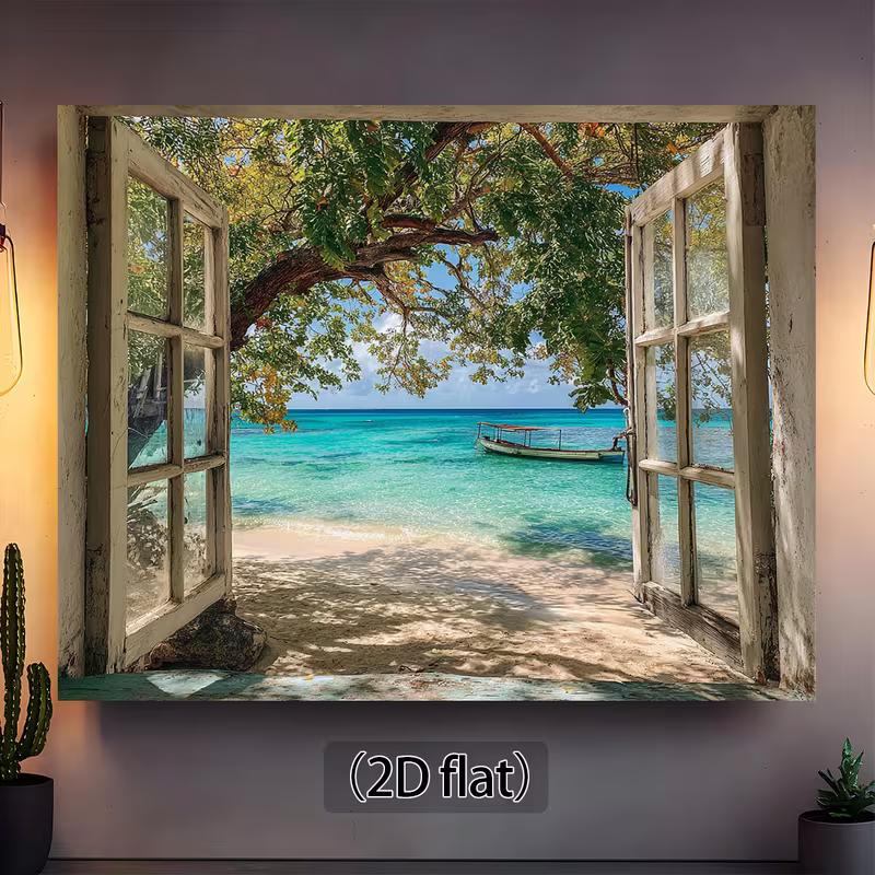 2D Tropical Beach Window Backdrop, Summer Vacation & Travel Themed Party Photography Background