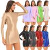 Womens Ladies Glossy Long Sleeve Bodycon Dress Fashion Mini Dresses Mock Neck Dress Rave Party Clubwear