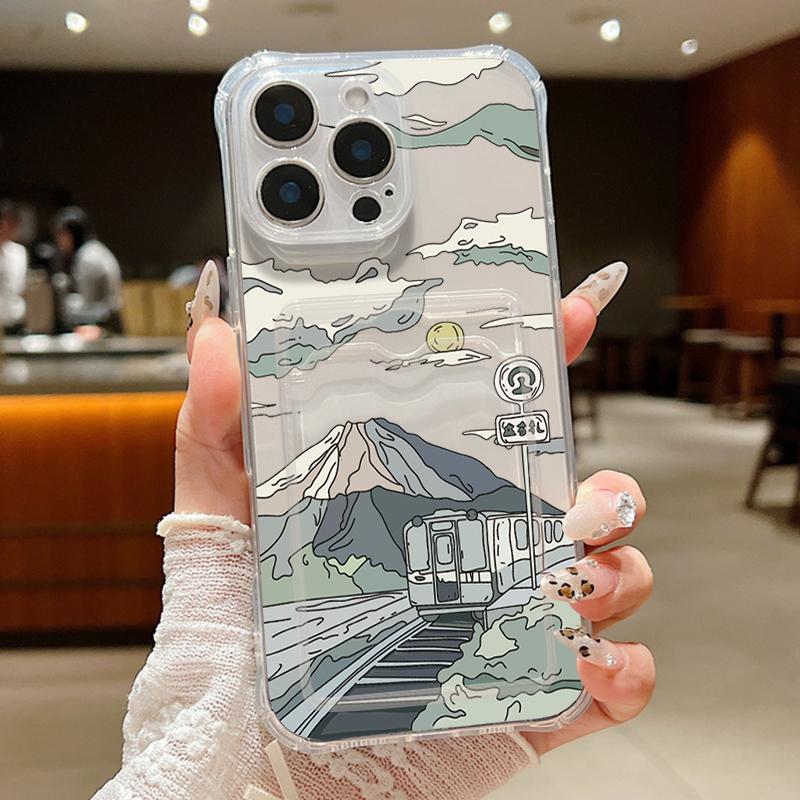 Чехол для телефона с прозрачным слотом для карт с рисунком в виде мультяшных гор для iPhone 16 Pro Max 15 Pro 14 13 12 11, мягкий силиконовый прозрачный противоударный тонкий чехол-бампер
