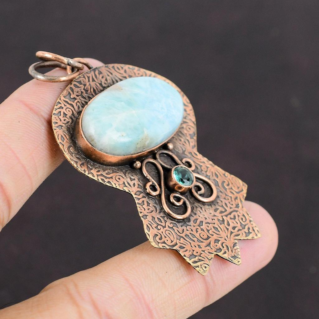 Подвеска из ларимара, подвеска из швейцарского голубого топаза, медная подвеска, ювелирные изделия из драгоценных камней, стильная подвеска, уникальные медные ювелирные изделия, подарок для нее, подвеска ручной работы