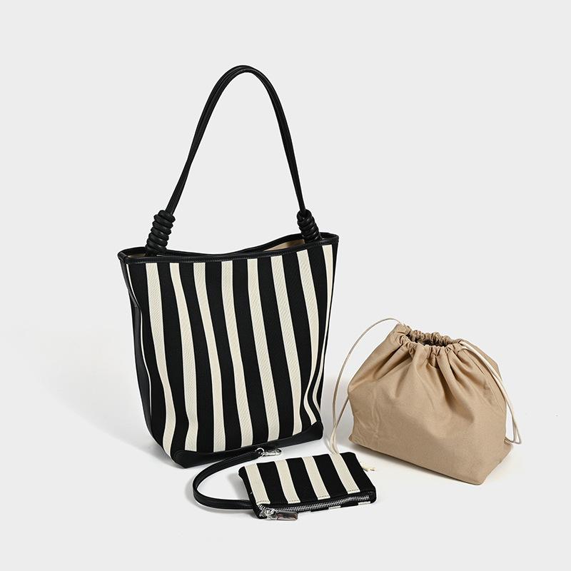 Women Tote Bag Striped SOFT Leather Casual Fashionable Simple Shoulder Bag Large Capacity Purses and Handbags Female Bucket Bags