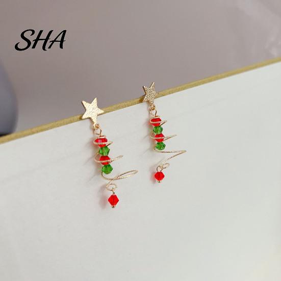 Shiny Statement Earrings 1 Pair Christmas Dangle for Women, Glitter Star Spiral Faux Red Green Crystal Beads Tree Shaped Earrings, Sparkly Festival