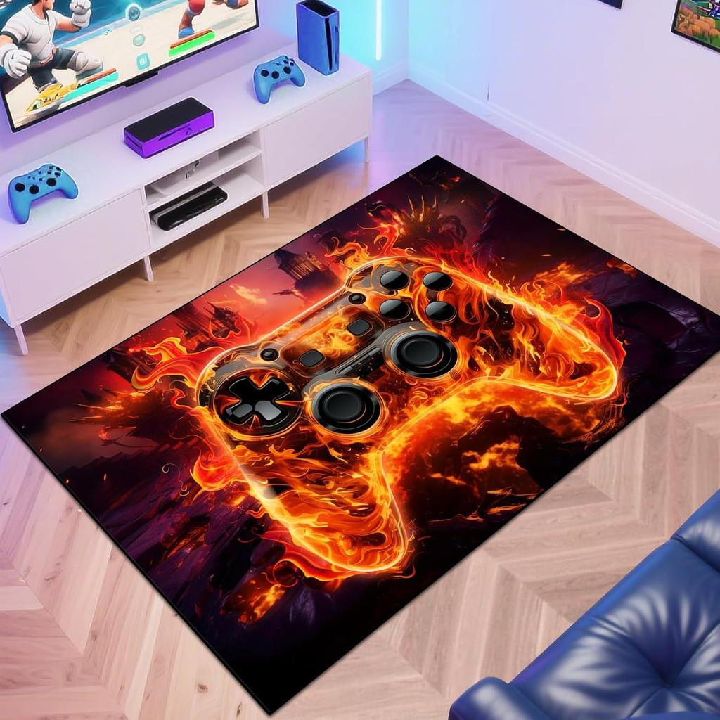Gaming Area Rug Teen Boys Carpet, Colorful Gamepad Background Game Controller Design for Game Room Bedroom Playroom, Living Room
