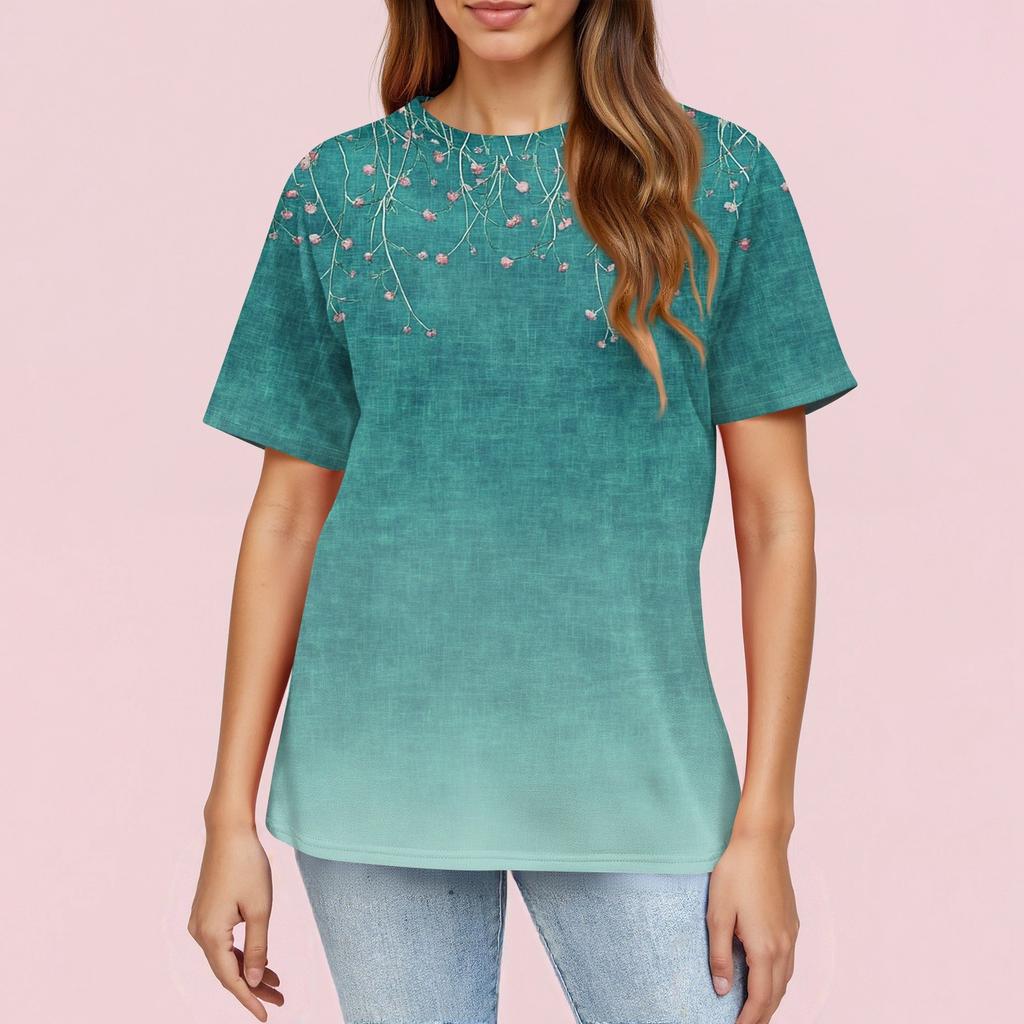 Women's Fashionable Casual Short Sleeve Print Round Neck Pullover Top