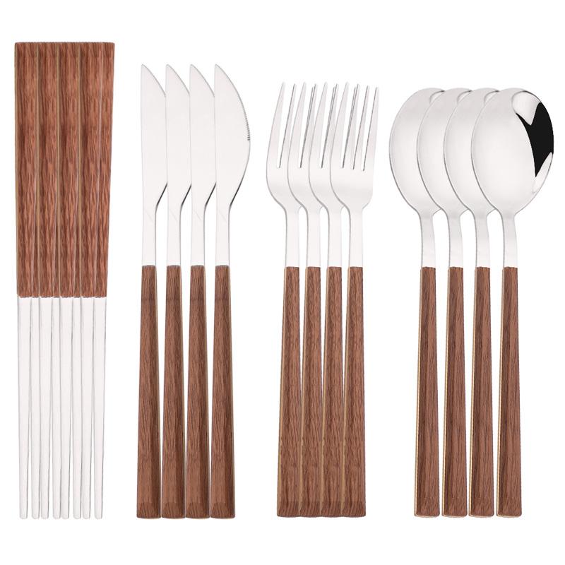 4/12/16Pcs Cutlery Set Chopsticks Knives Forks Spoons Tableware Set with Imitation Wooden Handle Korean Japanese Dinnerware Set