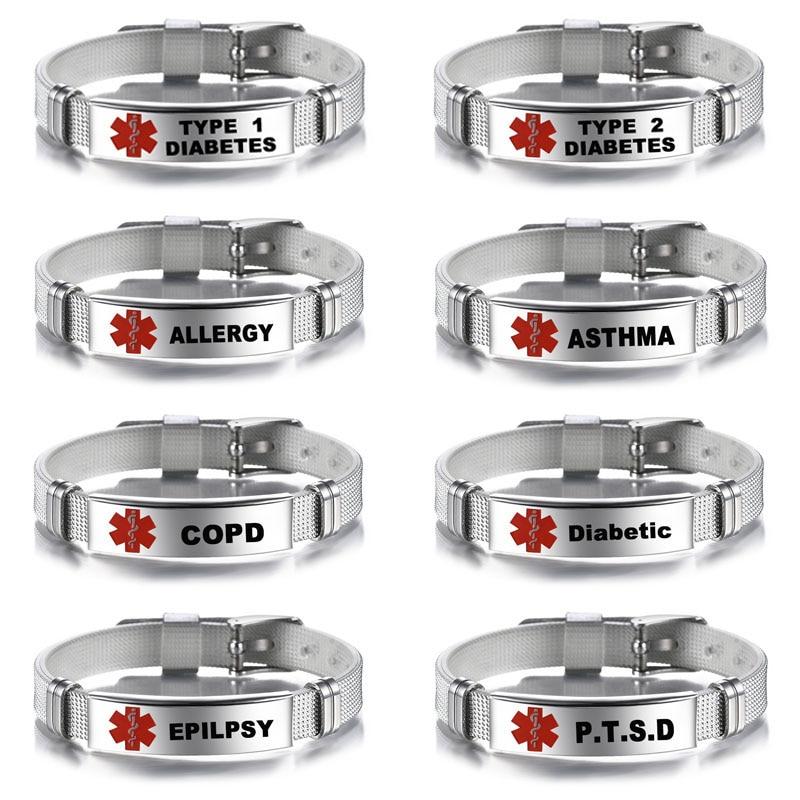 Medical Alert Bracelets Allergy Bangle Bracelet Type 2 Diabetic Stainless Steel Medical Logo Wristband Cool Men Women Jewelry