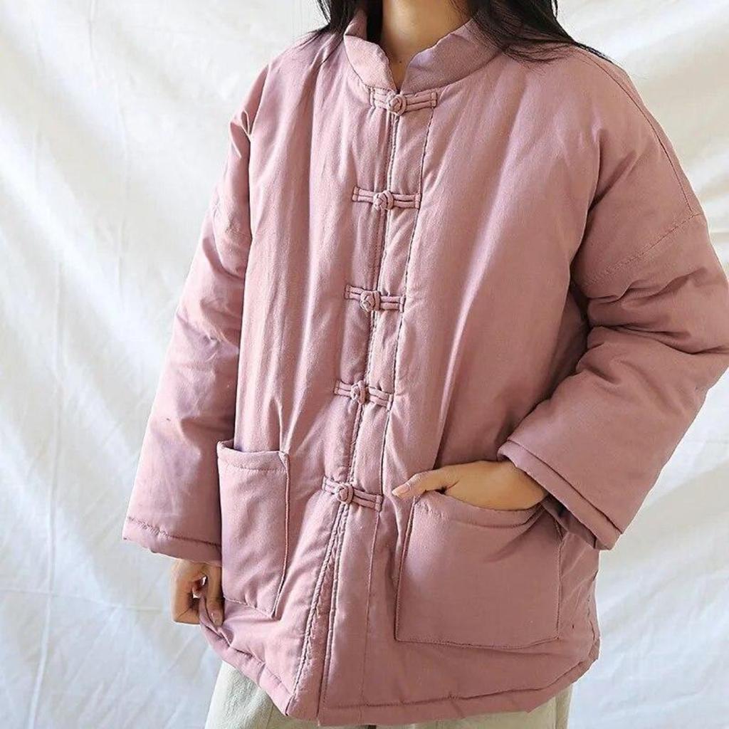 Женские парки в китайском стиле с длинными рукавами и пуговицами, однотонные пальто с карманами, зимние винтажные пальто