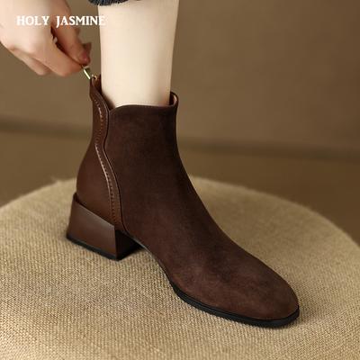 2024 Новые осенние ботинки женские из овечьей замши женские ботинки с квадратным носком и толстым каблуком женские зимние современные ботинки на молнии