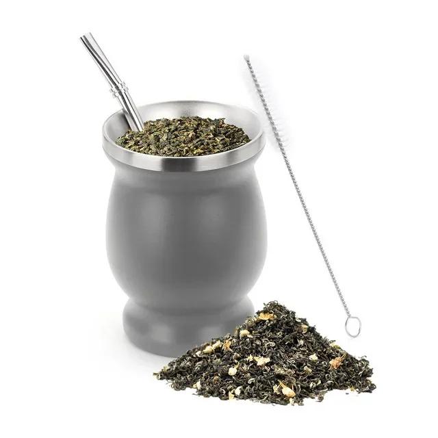 230ML Mate Cup 304 Stainless Steel Double Wall 8oz Portable Tea Mug Mate Tea Gourd with 2 In 1 Straw Spoon Give Cleaning Brush
