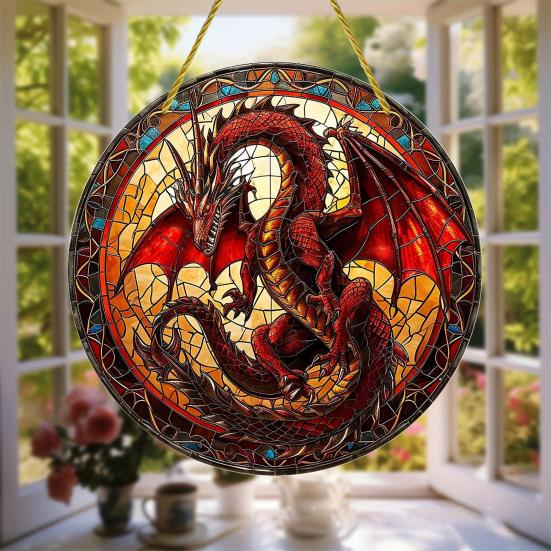 Window Hanging Pendant with Lanyard Realistic Dragon Printing Round Shape Sun Catcher Home Office Garden Decoration Panel Pendant