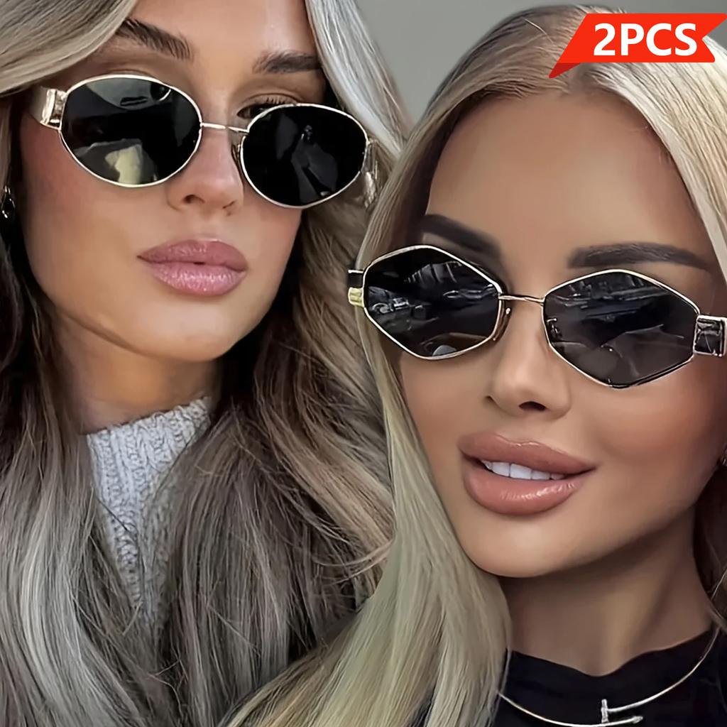 2Pcs Trendy Retro Oval Sunglasses Fashion Sunglasses Shades Uv400 Sunglasses Perfect For Beach Trips Driving