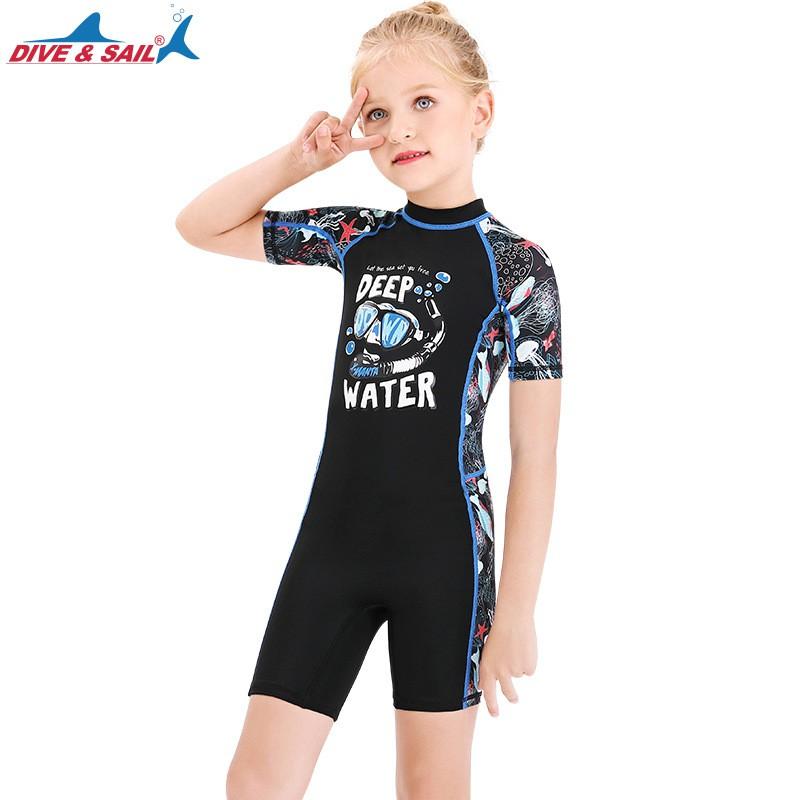 Kids UV Protection Swimsuit With Short Sleeves One-Piece Rash Guard Girls Boys Toddler Beach Snorkeling Quick-Dry