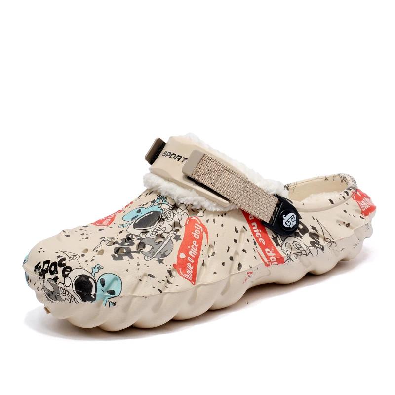 Зимние мужские тапочки-сабо, теплые, пушистые, мягкие, для дома, хлопковая обувь, шлепанцы из ЭВА, повседневные, удобные, плюшевые, меховые сандалии для улицы