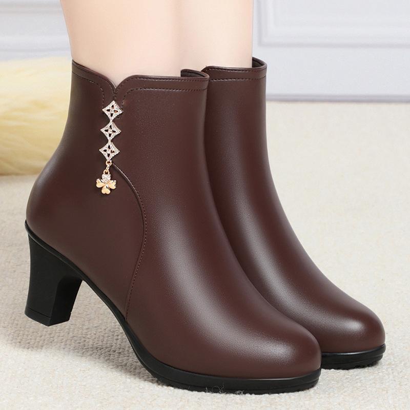 Модные зимние ботильоны женские 2025 натуральная кожа модные теплые с толстым плюшем женские туфли на высоком каблуке платье офисная обувь женские ботильоны