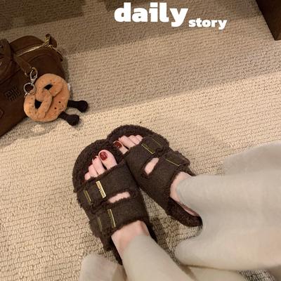 Мягкие~ 2025 осень и зима новые ленивые с двойной пряжкой ремень верхняя одежда универсальные теплые толстоподошвенные пушистые тапочки Birkencotton