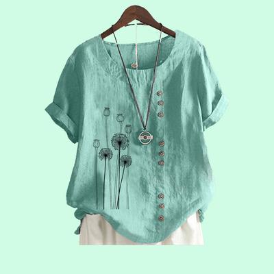 Женская мода хлопок льняная блузка лето и осень мода круглый вырез короткий рукав топ женская цветочный принт свободная футболка