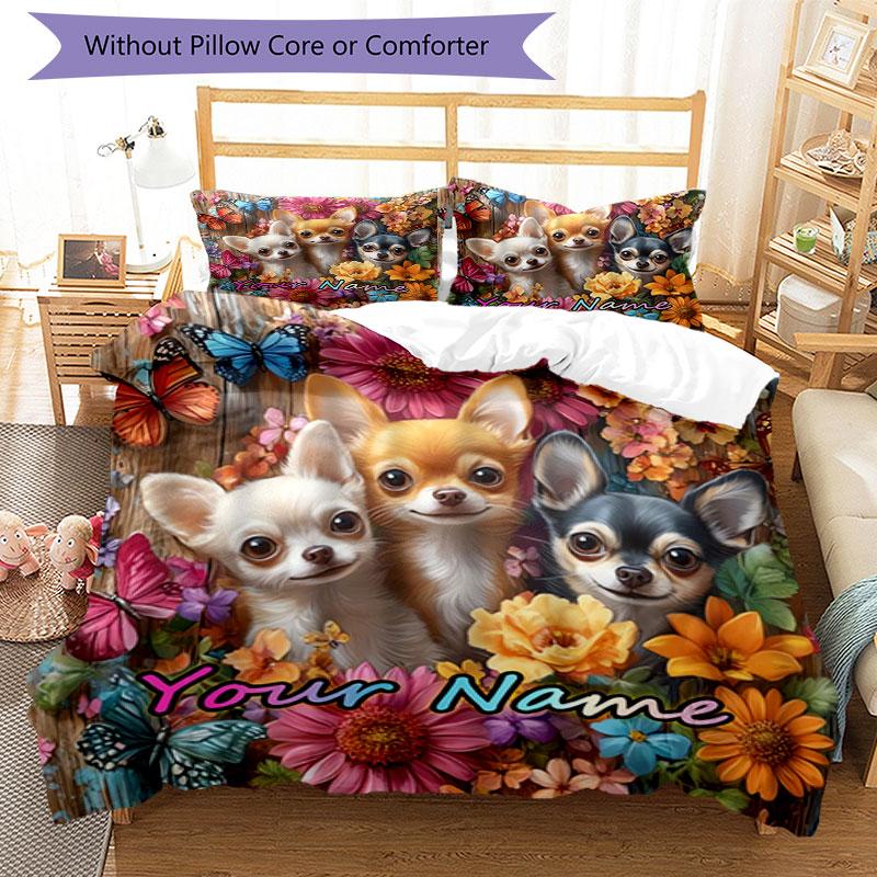 3PC Custom Name Chihuahua Friends Flowers Bedding Set Duvet Cover Closure Includes 1 Duvet Cover & 2 Pillowcases for Bedroom