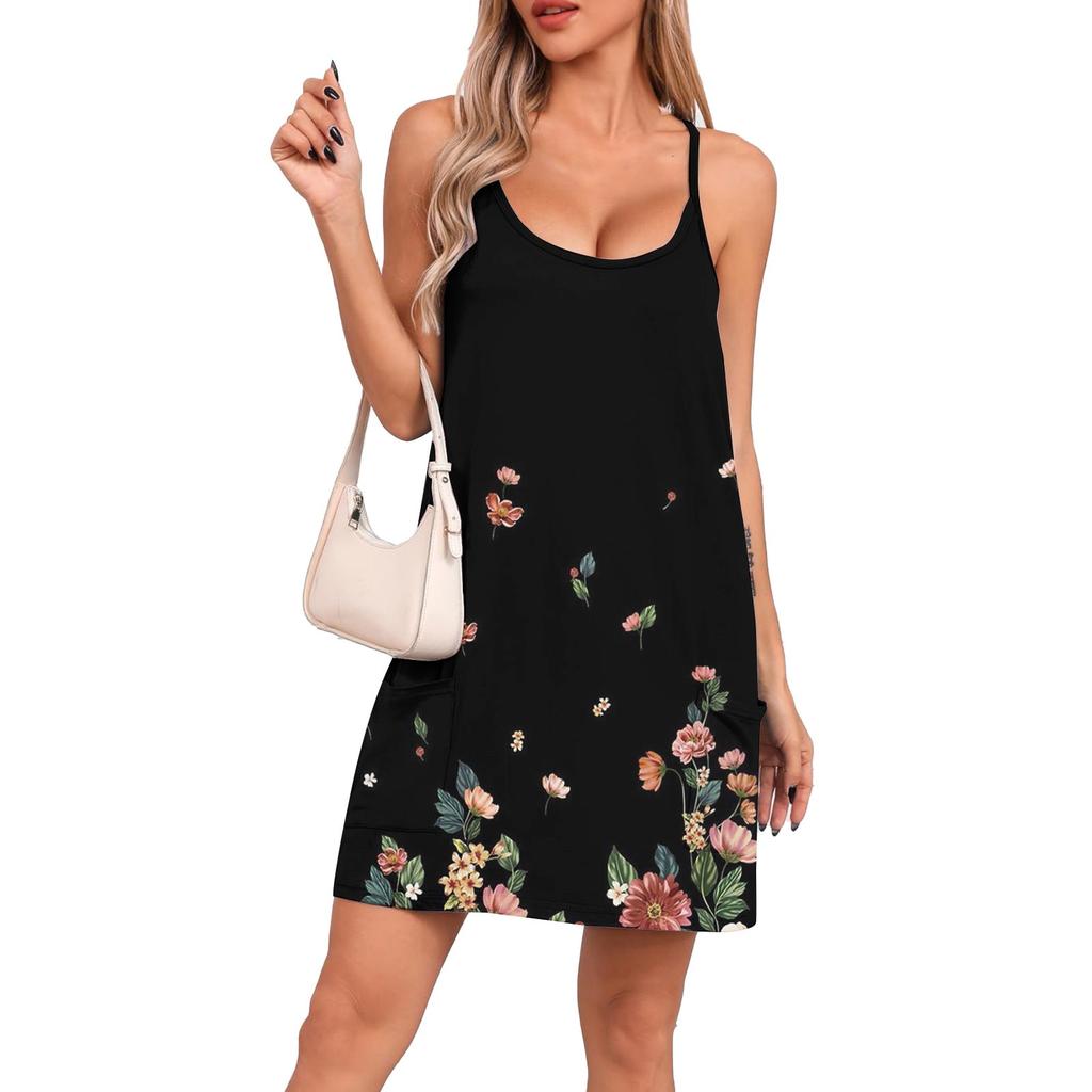 Женское летнее повседневное платье с квадратным вырезом и подтяжками, с карманами