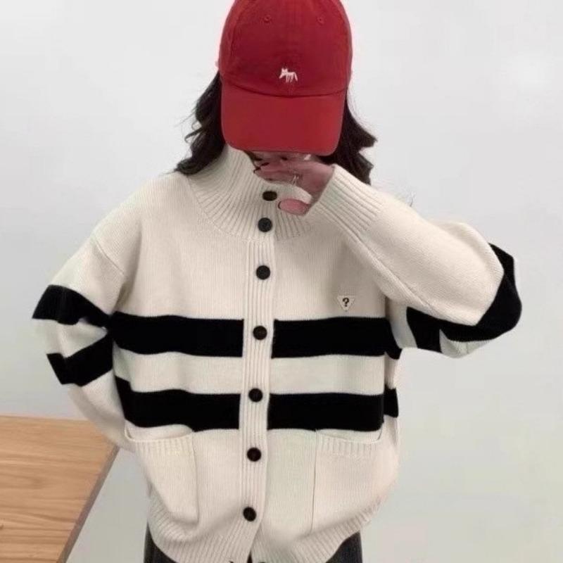 Осень и зима новый ретро колледж свободный свитер с длинным рукавом женский ленивый ветер воротник-стойка полосатая вязаная куртка
