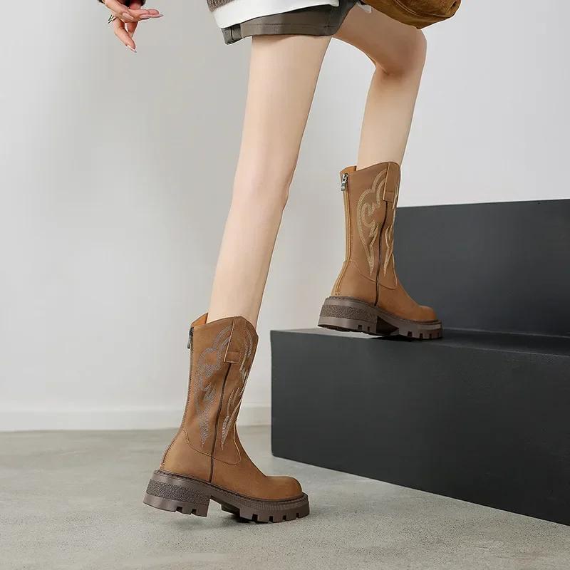 Мода вышивка женские ковбойские сапоги в стиле вестерн модные молнии сзади туфли ретро стиль осень зима дамы рыцарь полусапожки