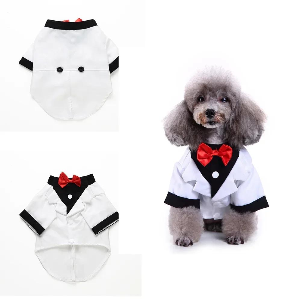 Cute Striped Dog Tuxedo Tailcoat Wedding Outfit Gentleman Pet Suit with Bow Tie for French Bulldog Halloween Costume