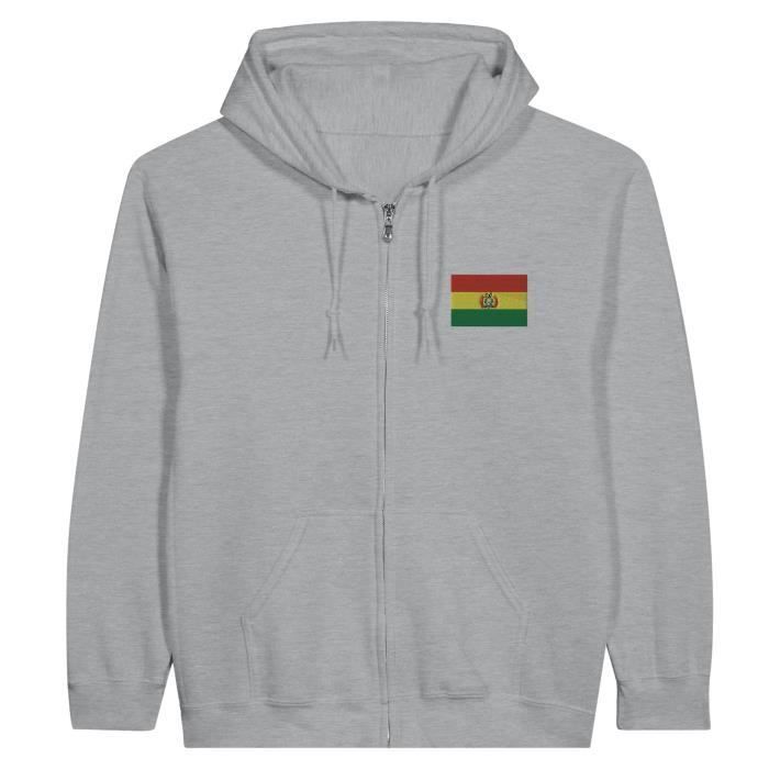 Sweat à capuche à Fermeture éclair - PIXELFORMA - Drapeau de la Bolivie - Gris - Manches longues - Mixte