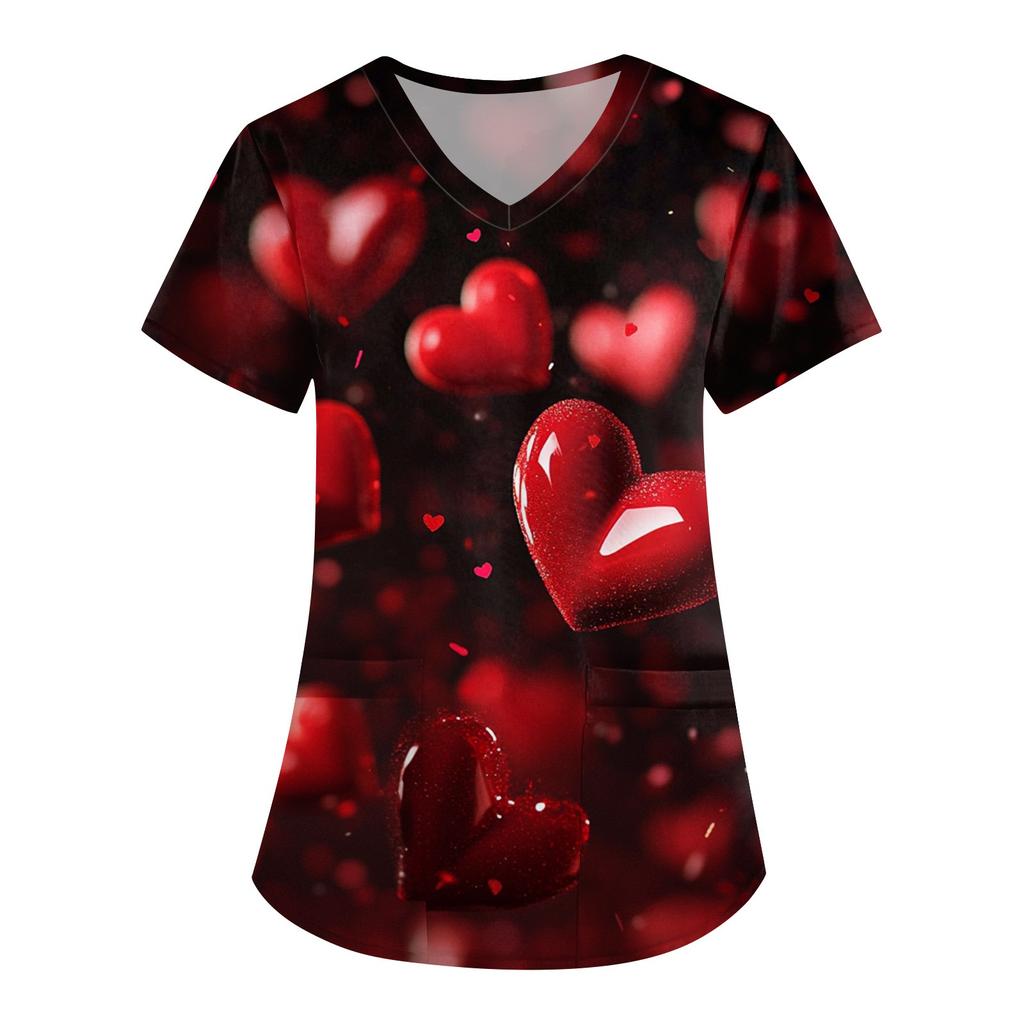 Women's Fashion V-neck Short-sleeved Work Clothes With Pockets Valentine's Day Print Top