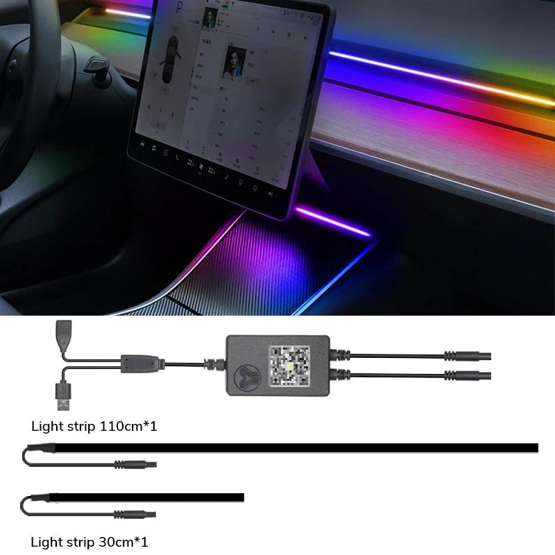 For Tesla Model 3 Y Center Console Dashboard Wireless Charging RGB Neon LED Light Strip Musical Rhythm USB Power APP Control