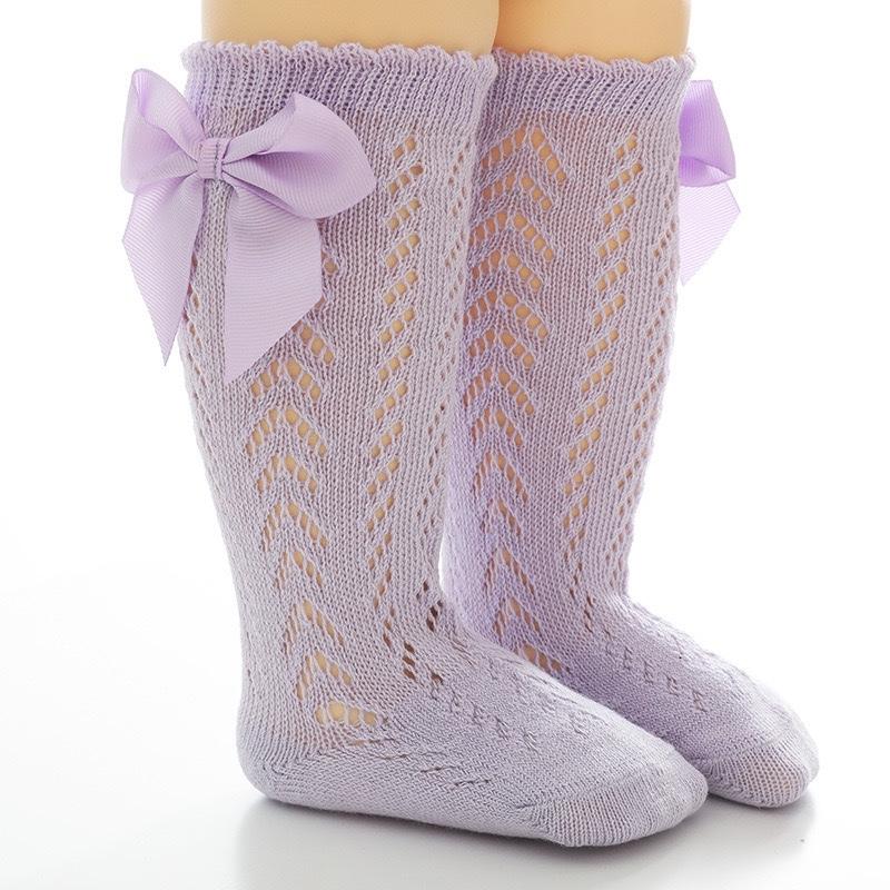 0-7Yrs Baby Girls Socks Toddlers Bow Long Sock Kids Knee High Soft Cotton Mesh Spanish Style Hollow Out Lace Baby Socks