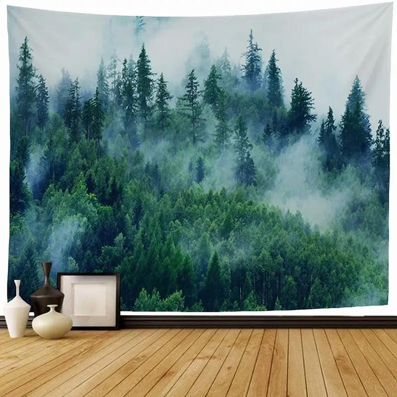 VIKAMA Misty Forest Tapestry Gradient Blue Pine Forest Nordic Minimalist Style Living Room Room Decoration