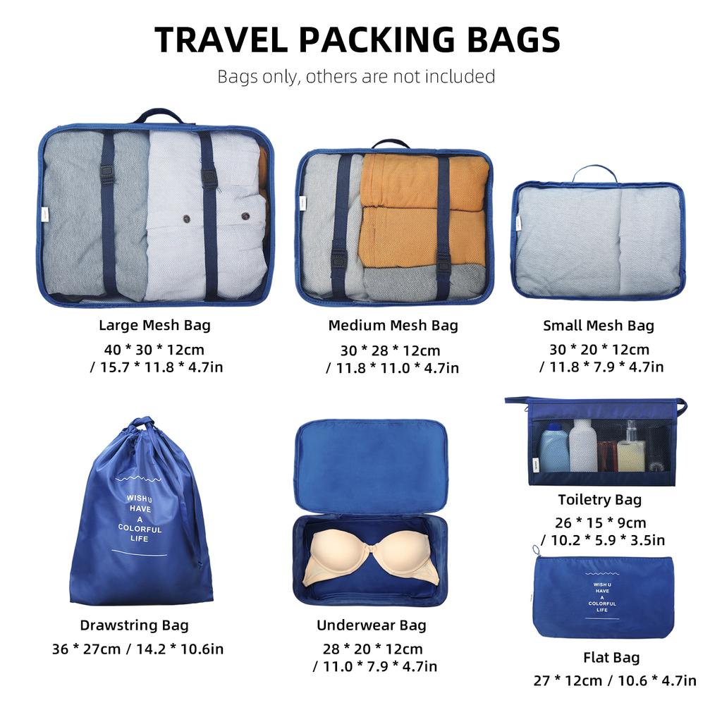7PCS Packing Cubes Travel Packing Bags Luggage Organizers Mesh Bags Toiletry Bag Underwear Bag