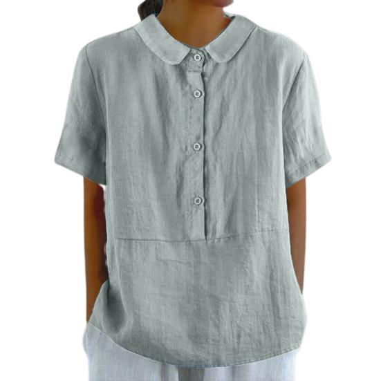 Collar Shirt Doll Casual Women Buttons Half Placket Short Sleeve Shirt Single Breasted Solid Color Loose