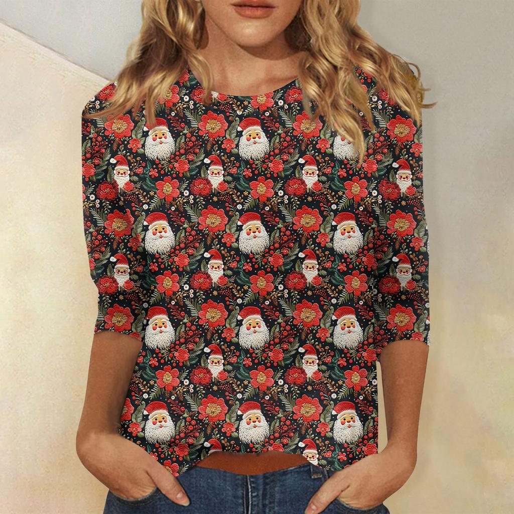 Женская модная повседневная футболка с рукавом три четверти и рождественским принтом, с круглым вырезом