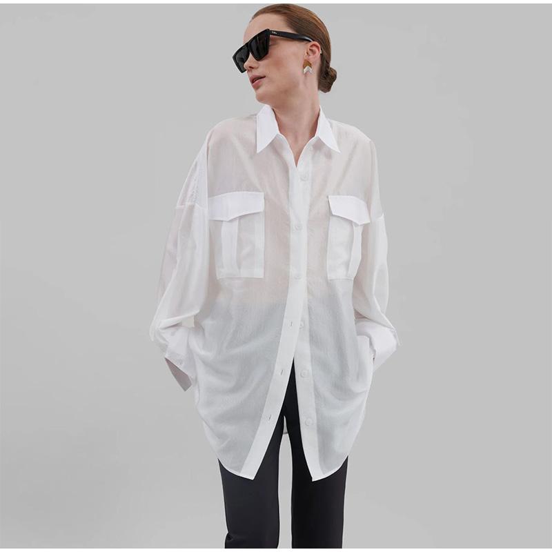 Повседневная свободная рубашка женская весна-лето лацканы пуговицы карманы блузка женская длинный рукав однотонные топы леди прохладный уютный универсальный базовый