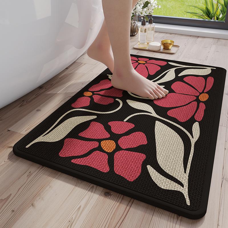 Linen Bath Mat Non-Slip Daisy Print - Quick Dry Absorbent Bathroom Rug with Rubber Backing, Machine Washable & Breathable Design