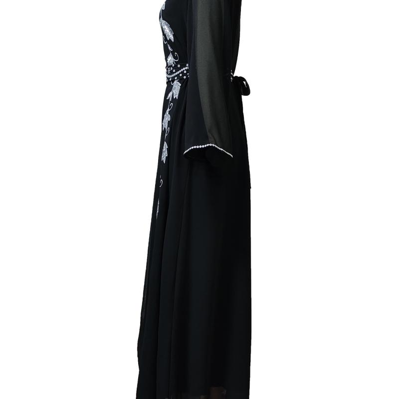 Luxury Women's Embroidered Dress for Muslim Parties, Waist Tied and Slim Fitting Long Style