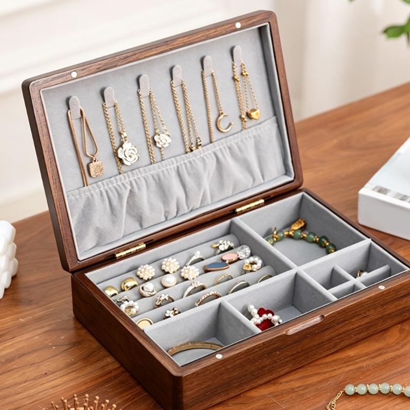 Jewelry Storage Box with Wooden Exterior, Hinged Lid, Necklace Hooks, Ring Slots, and Separate Lower Sections