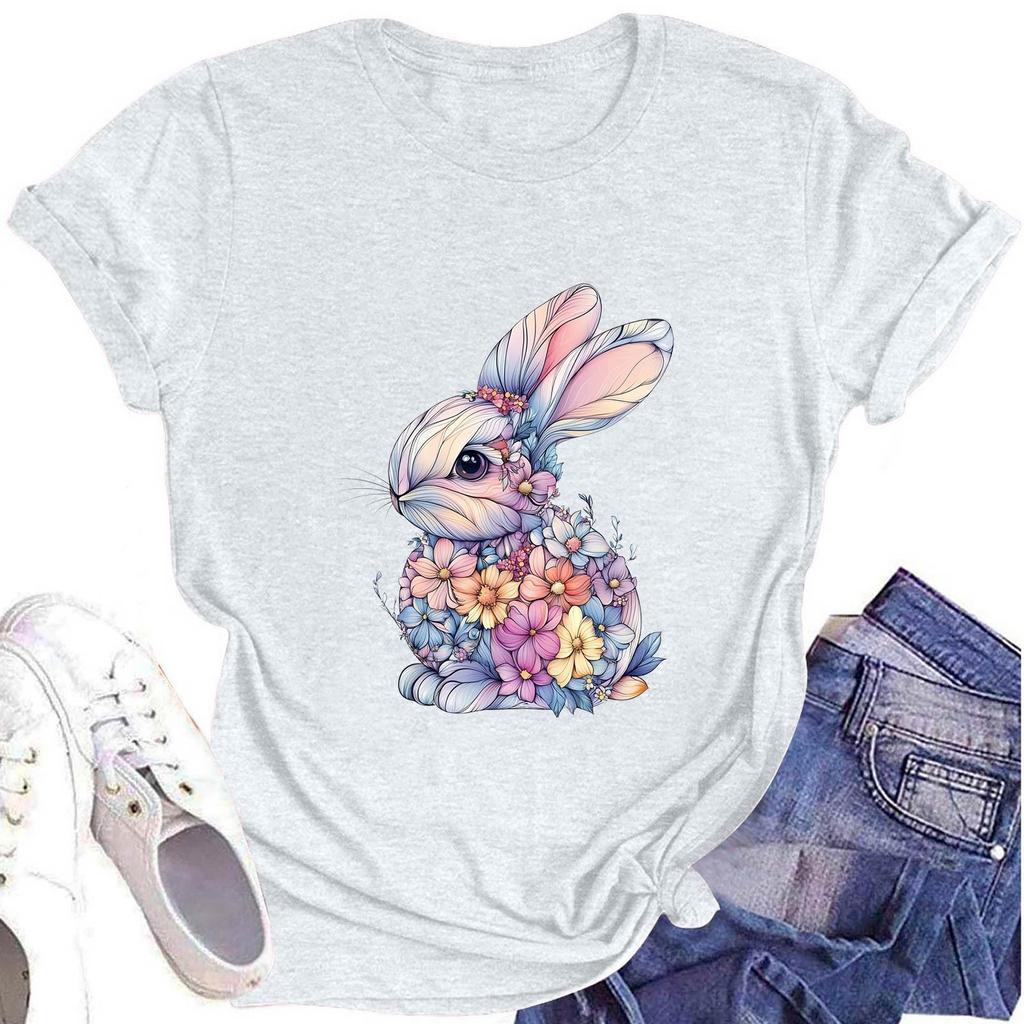 Women's Fashion Round Neck Short Sleeve T-Shirt Easter Printed Casual Top